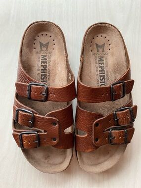 Mephisto Brown Leather Triple-Strap Buckle Sandals slides comfort orthotic style